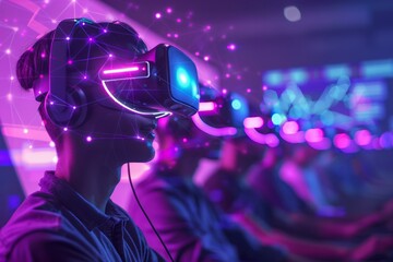 Young People Experiencing Advanced Virtual Reality Technology in a Futuristic Setting with Neon Lights