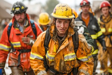 Fototapeta premium Determined Firefighter with Dirty Face in Protective Gear After Emergency Operation with Team Members in the Background