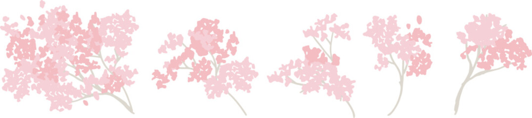 桜の花イラスト。満開の桜の花と散る花びら。桜並木。春の花見。Cherry Blossom Clipart. Cherry blossoms in full bloom and falling petals. Row of cherry blossom trees. Spring flower viewing.