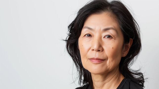 Portrait of a mature asian woman looking at the camera and isolated on white