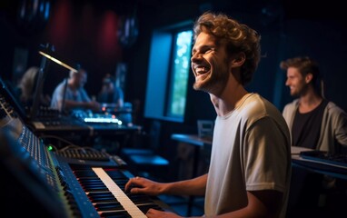 Smiling young musician playing keyboard in recording studio with a producer in the background