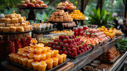 A vibrant buffet showcasing a delicious variety of traditional Thai desserts, artistically arranged on banana leaves and decorated with colorful flowers. - obrazy, fototapety, plakaty