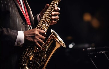 Jazz man's hand holding a saxophone close up. generative ai - obrazy, fototapety, plakaty