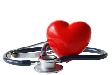 A red heart paired with a stethoscope, stethoscope coiled gently around the heart isolated on transparent background. Love, health, and vitality, well-being, healthcare and medical examination concept