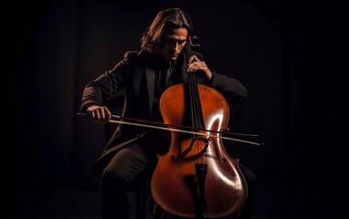 Portrait of a cellist playing classical music on the cello on a black background