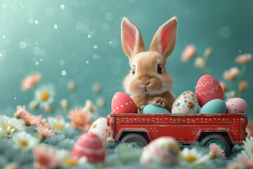 Easter festival background with cute bunny and eggs on grass