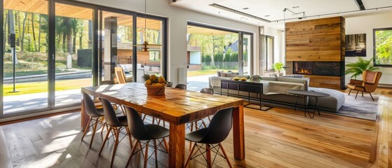 Interior of contemporary open plan house with wooden dining table and chairs and spacious living room with comfortable sofa and fireplace in sunlight