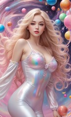 Obraz na płótnie Canvas adorable lady in rainbow silky tight dress and sparkling long hair flows around her. The space around her is filled with candy stars and candy planets