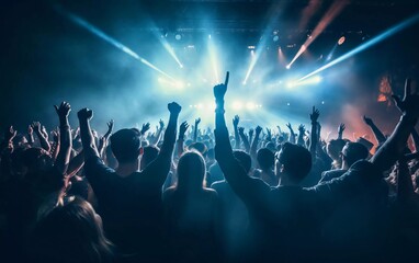Photo of many people enjoying a rock concert, crowd with arms raised dancing in a nightclub