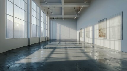Spacious art gallery with white walls and sunlight casting dynamic shadows