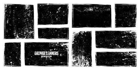 Grunge square frames, banners with stains and scratches. Brush stroke, rectangular shape design element. Distressed dirty text frame, border. Paintbrush, ink stains. Vector illustration