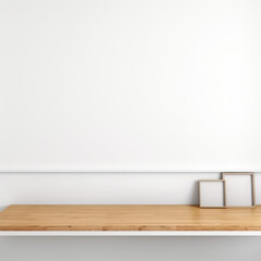 Empty wooden table over white wall background