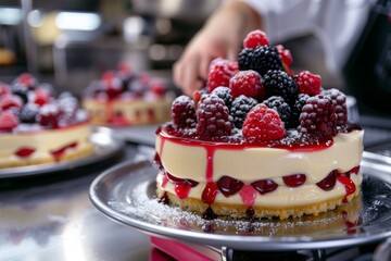 Berry cake with raspberries and blackberries on a patisserie display