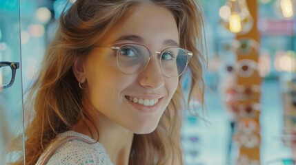 Fototapeta na wymiar Smiling girl trying on glasses in store generative ai