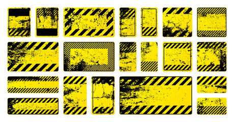 Obrazy na Szkle  Various yellow grunge warning signs with diagonal lines. Old attention, danger or caution sign, construction site signage. Realistic notice signboard, warning banner, road shield. Vector illustration
