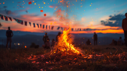 Junina's Party bonfire with small colorful flags at the background