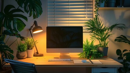 Charming home office setup with lush greenery enhancing serene work environment
