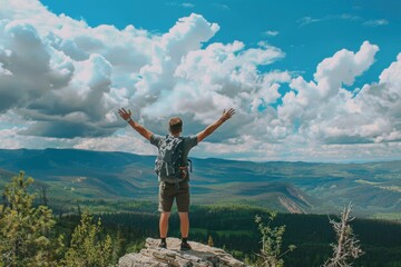 Person on mountain summit with arms raised against clouds