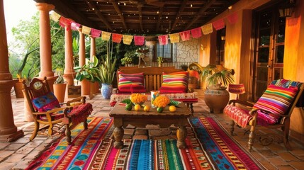 Rustic Elegance: Traditional Patio with Festive Accents Rustic patio furnishings, Traditional festive decorations, Outdoor entertaining area - obrazy, fototapety, plakaty