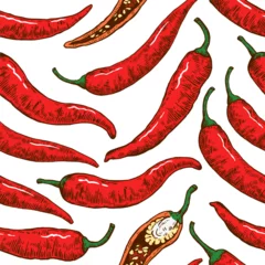 Fotobehang Seamless pattern with hand drawn chili peppers. Vector illustration in engraving style. © Yuliya