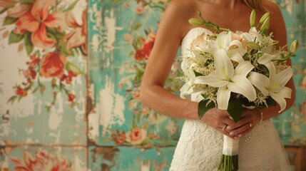 bride holding a bouquet of lilies generative ai