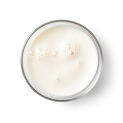 Glass of milk with bubbles isolated on white top view