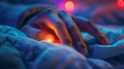 A macro image of a biosensor attached to the sleepers finger measuring body temperature heart rate and other vital signs to provide a comprehensive sleep analysis.