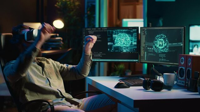 Man using VR headset to do programming job, getting scared after AI becoming sentient. Developer solving tasks on PC with virtual reality, alarmed by self aware artificial intelligence, camera A