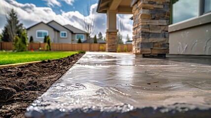 Freshly poured concrete walkway leading to a modern suburban home