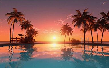 Fototapeta na wymiar Water pool holiday with sunrise background. generative ai