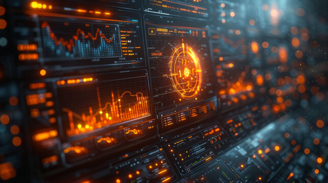 A series of virtual screens depicting data analysis and projections for the real estate investment market. The screens are organized in a futuristic floating structure giving