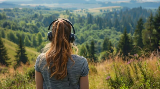 woman walking in the mountains with headphones on generative ai