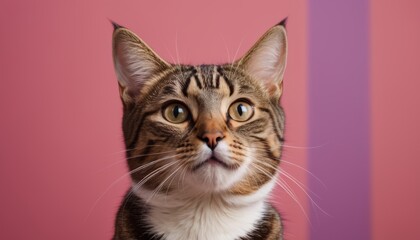 A striped cat poking its head with curiosity against a color background