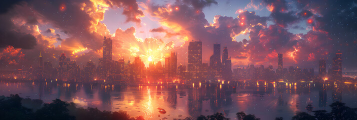  Futuristic architecture night scenery city on th ,
 pink sky at sunset with clouds over the city and skyscrapers 3d illustration
