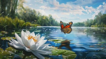 butterfly perching elegantly on a flower at the edge of a serene lake. generative ai