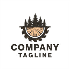 wooden logo with a combination of saws and trees in the background