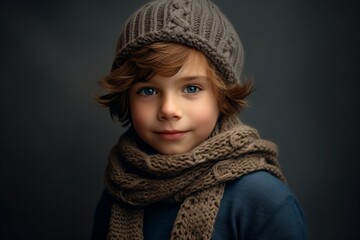 Portrait of a cute little boy in a knitted hat and scarf.