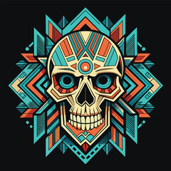 Vector illustration of a colorful skull with tribal ornaments on dark background.