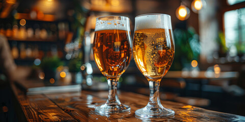 Two glasses of beer are placed on a wooden bar surface. The amber liquid inside the glasses reflects the light