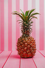 Pineapple on a background of striped pink wallpaper.