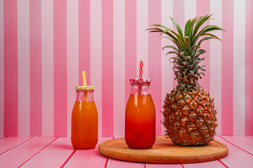 Pineapple, pineapple juice in cocktail bottles stands on a tray in the kitchen. Pink striped...