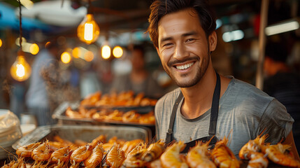 A happy and attractive man cooks delicious seafood, radiating positivity as he smiles towards the...
