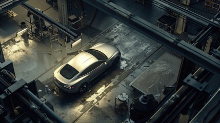 Industrial factory, large car, assembling a car in the company, high view