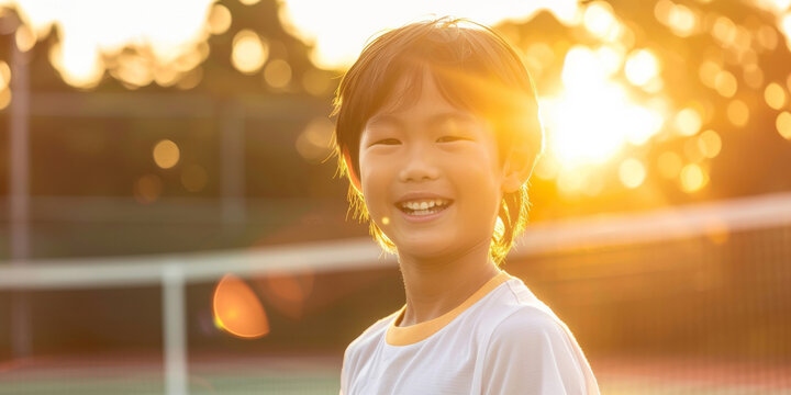 A cheerful young Asian boy is smiling as he enjoys playing tennis outdoors on a sunny day. His face is lit up with joy and enthusiasm, showcasing a moment of pure happiness captured in the photograph
