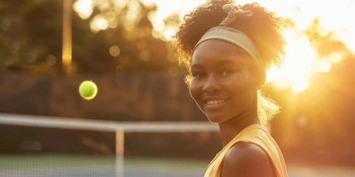 A young African American girl is holding a tennis racquet on a tennis court, preparing to play a game. The sunny weather and green surroundings provide the perfect setting for a sports activity