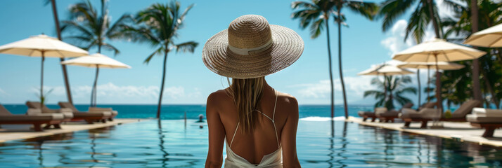 Fototapeta na wymiar A woman dressed in a white dress and straw hat stands confidently in front of a pristine swimming pool at a resort setting