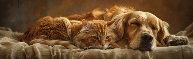A dog and cat are relaxing together on a couch, both pets are laying down comfortably. The ginger cat has long fur, and the dogs breed is not specified - obrazy, fototapety, plakaty