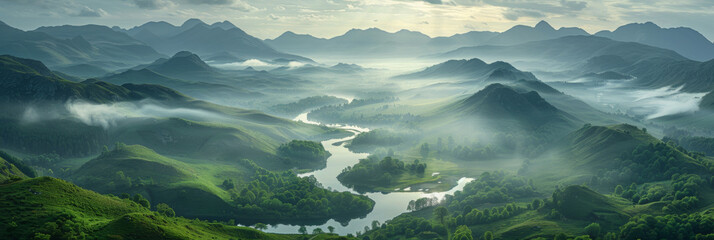 The image showcases a vast mountain range with a river flowing through it. The river cuts through...