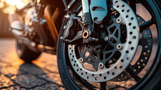 Part of a motorcycle's braking system. Gray metal brake disc and brake pads on a motorcycle