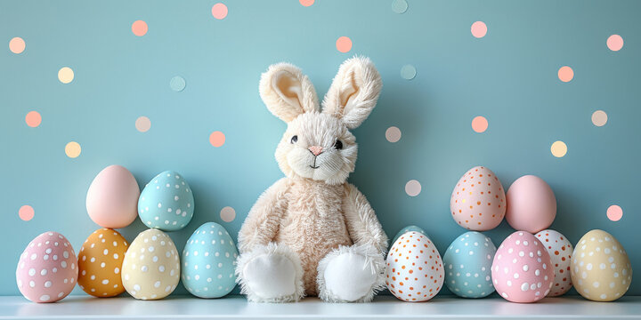 A photo featuring an adorable stuffed rabbit placed in front of a row of painted eggs. The rabbit is sitting still, surrounded by colorful Easter decorations